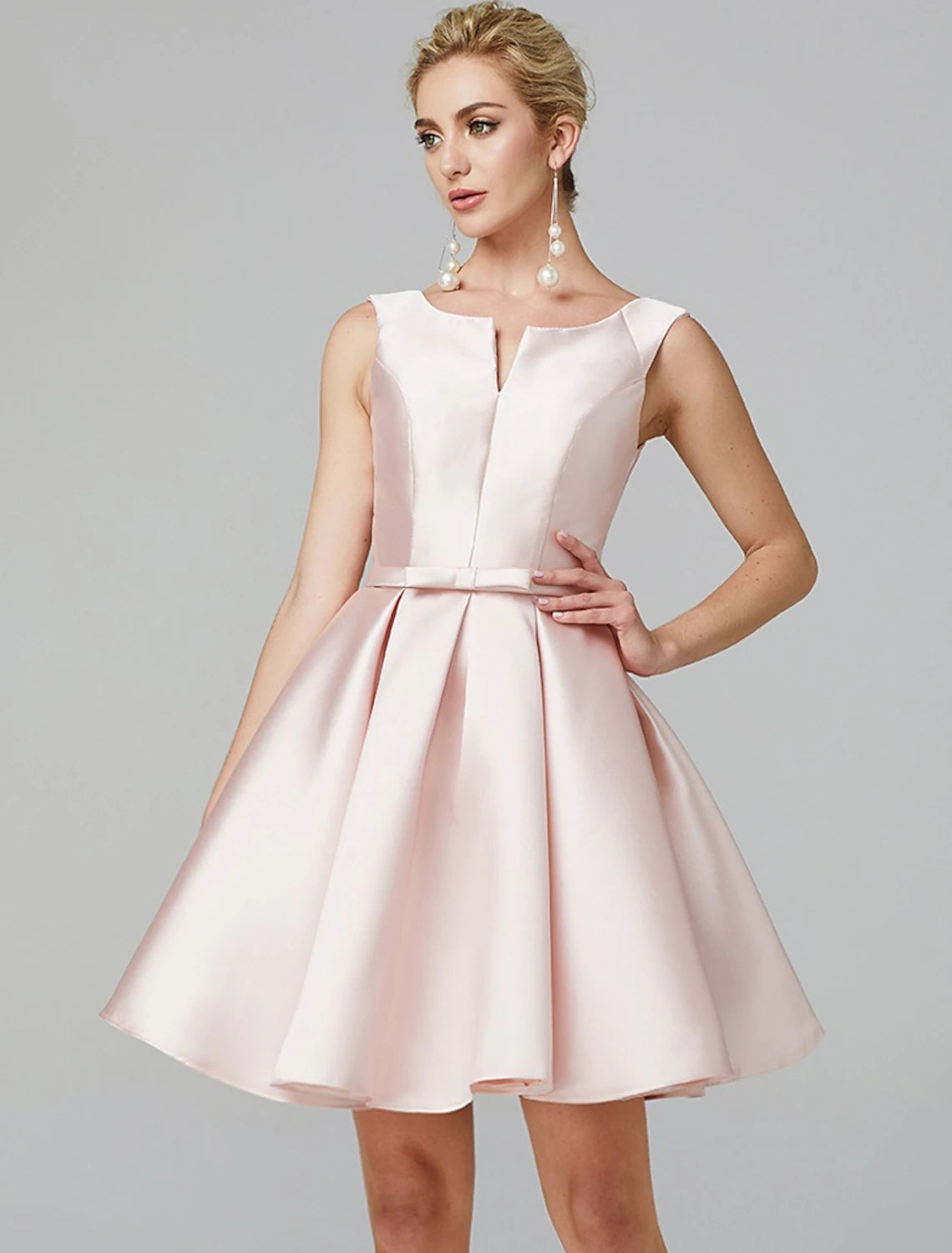 Wholesale A-Line Cute Dress Homecoming Graduation Knee Length Sleeveless V Wire Satin with Bow(s) Pleats
